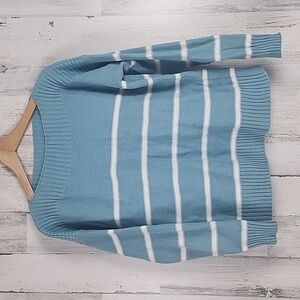 Time and Tru dark aqua blue cream striped boat neck sweater Size Large 12-14